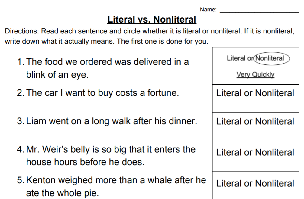 figurative language literal vs non literal text educational resource