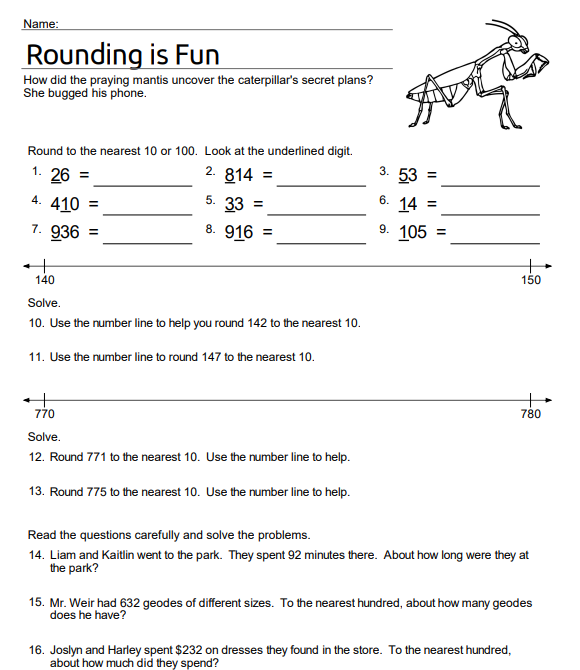 rounding numbers using number lines and word problems educational resource