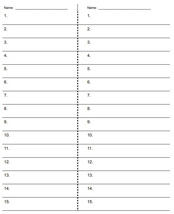 Blank 15 Word Spelling Test Paper