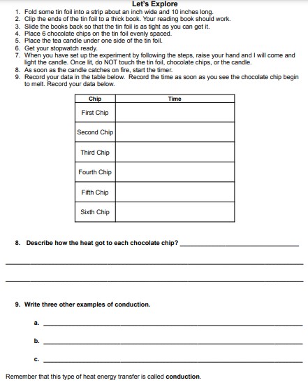 Transferring Heat Energy through Conduction Worksheet and Lab