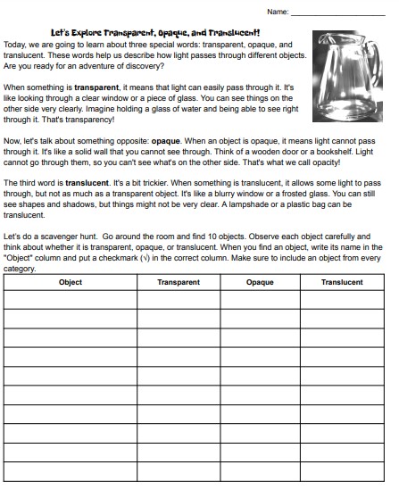 Let's Explore Transparent, Opaque, and Translucent! Reading Passage and Activity