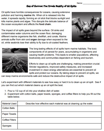 Sea of Sorrow: The Crude Reality of Oil Spills Worksheet and Experiment