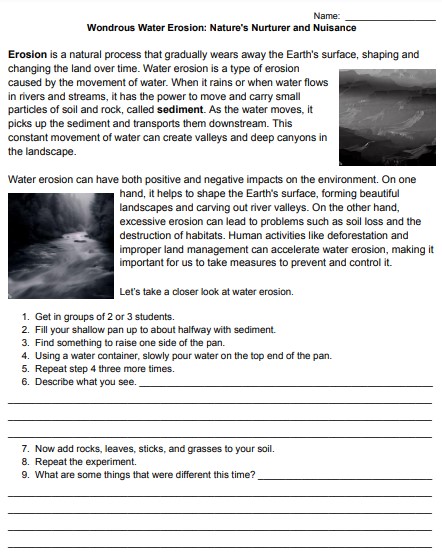 Wondrous Water Erosion Worksheet: Investigating Nature's Nurturer and Nuisance