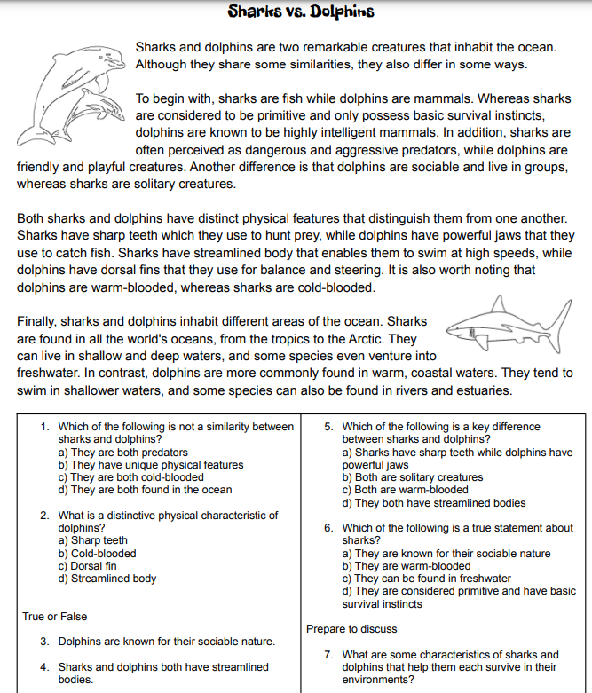 Compare and Contrast Sharks and Dophins Reading Worksheet