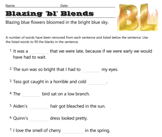 'bl' blends phonic free worksheet