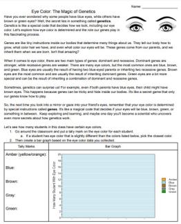 Eye Color Genetics Reading Passage and Experiment Worksheet