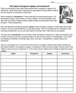transparent opaque and translucent worksheet and activity image