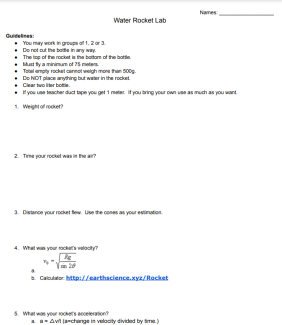 Water Rocket Lab Instructions and Questions