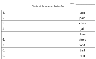 Phonics 'ai' Consonant or 'ay' Consonant Spelling Test