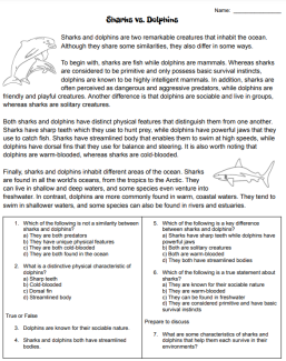 Comparing Animals passages and worksheet