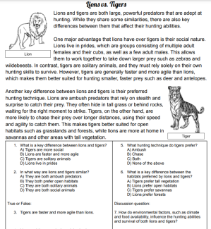 Compare and Contrast Lions and Tigers Worksheet Image