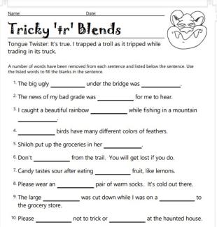Tricky 'tr' Blends Cloze Reading Worksheet Worksheet