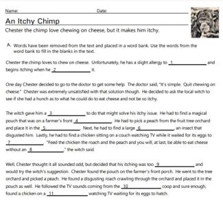 ch digraph cloze reading worksheet