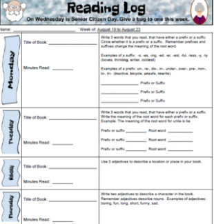 Interactive Review Reading Log--Monday to Friday