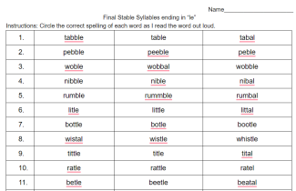 Click here to access the Final Stable Syllable ending in -le Google Doc.
