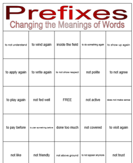 Prefixes: Changing the Meaning of Words Bingo Game