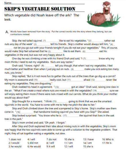 Skip's Vegetable Solution with Word Contractions