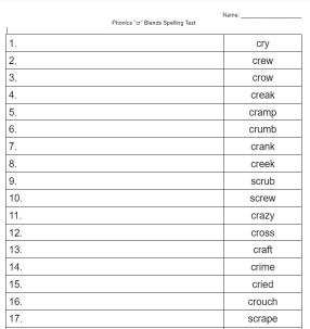 cr blends spelling test worksheet