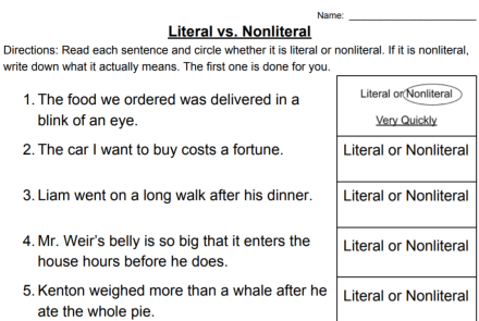 Literal vs. Nonliteral figurative language 3rd grade worksheet