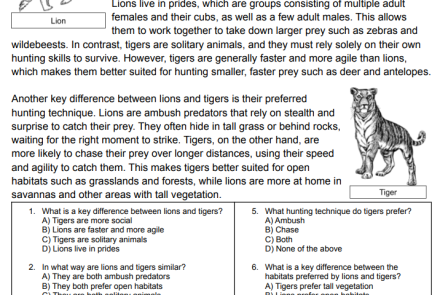 Compare and Contrast Lions and Tigers Worksheet Image