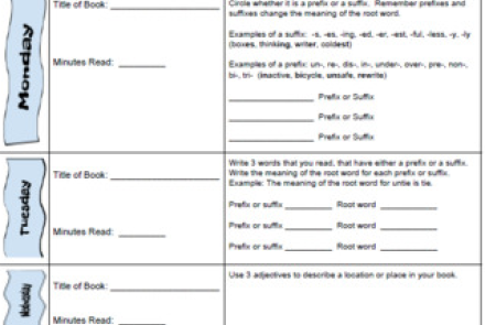 Interactive Review Reading Log--Monday to Friday