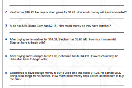 Money Word Problems Worksheet
