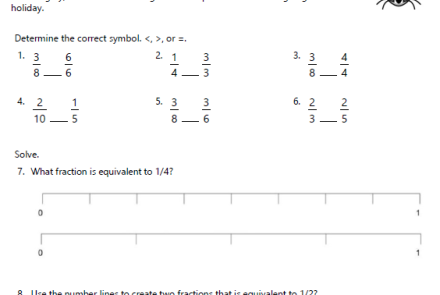 Equivalent and Comparing Fractions 3rd Grade Review Worksheet