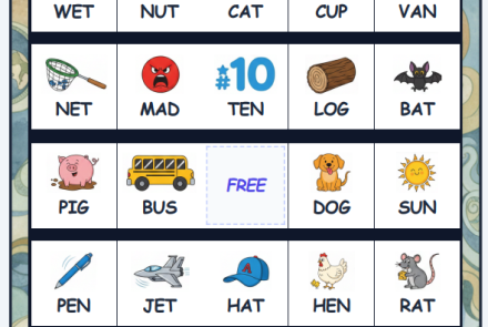 phonics cvc bingo cards