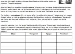 transparent opaque and translucent worksheet and activity image